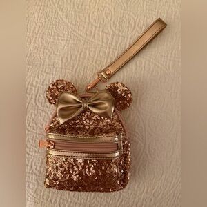 Disney Parks Loungefly Minnie Mouse Rose Gold Sequin Wristlet Mini Bag